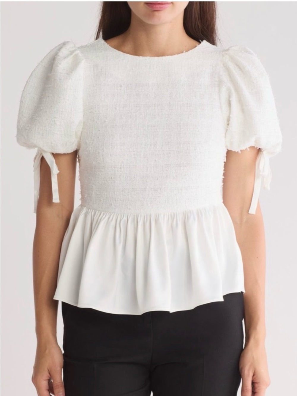 Grey Collective White Puff Sleeve Peplum Blouse with Tie Accents